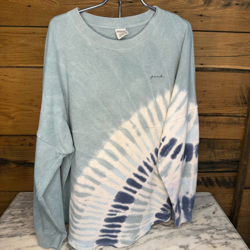PINK Victoria’s Secret Tie Dye Varsity Crewneck Sweatshirt Blue